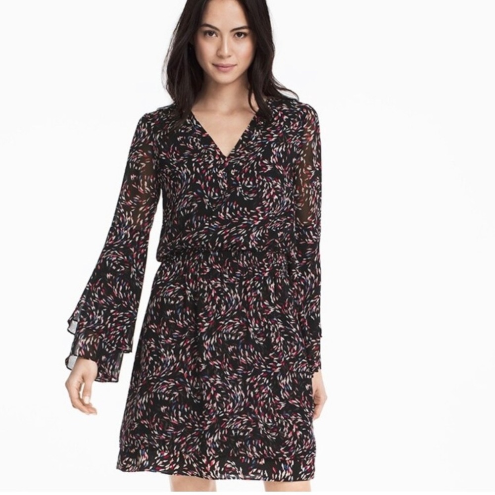 WHBM. Flowy black  w/scattered print boho dress. Double layered bell sle…